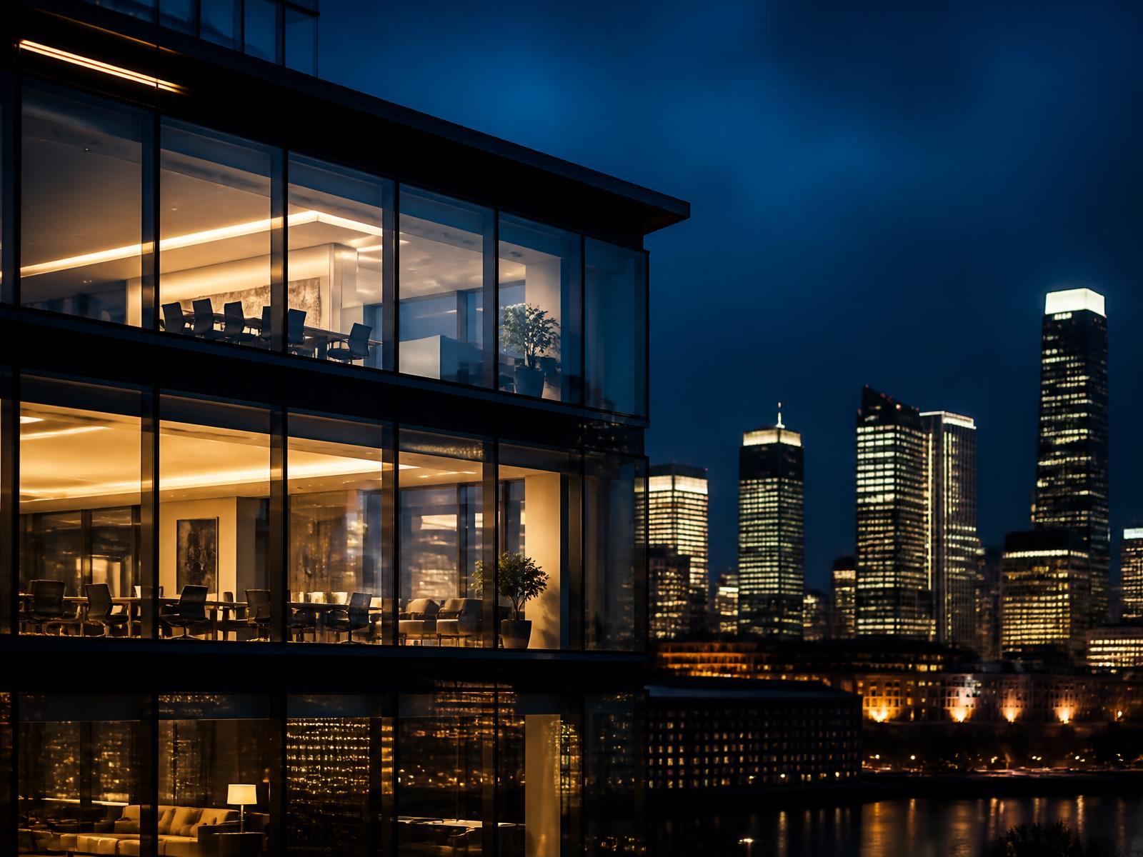 Edifício corporativo moderno iluminado ao anoitecer